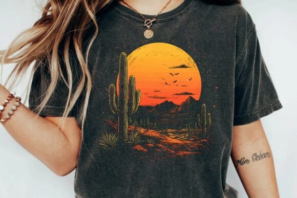 Download Vintage Desert Sunset Cactus Mountain Retro Graphic T-Shirt Design Png - Shirt Collection